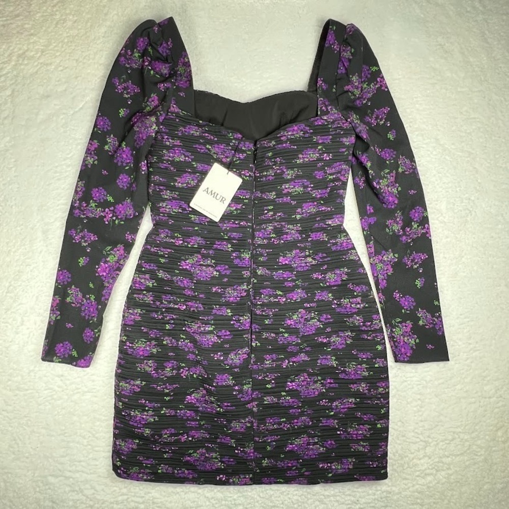 Floral Long Sleeve Mini Dress Sweetheart Neck Black Purple Romantic Size 4 AMUR - Picture 7 of 11
